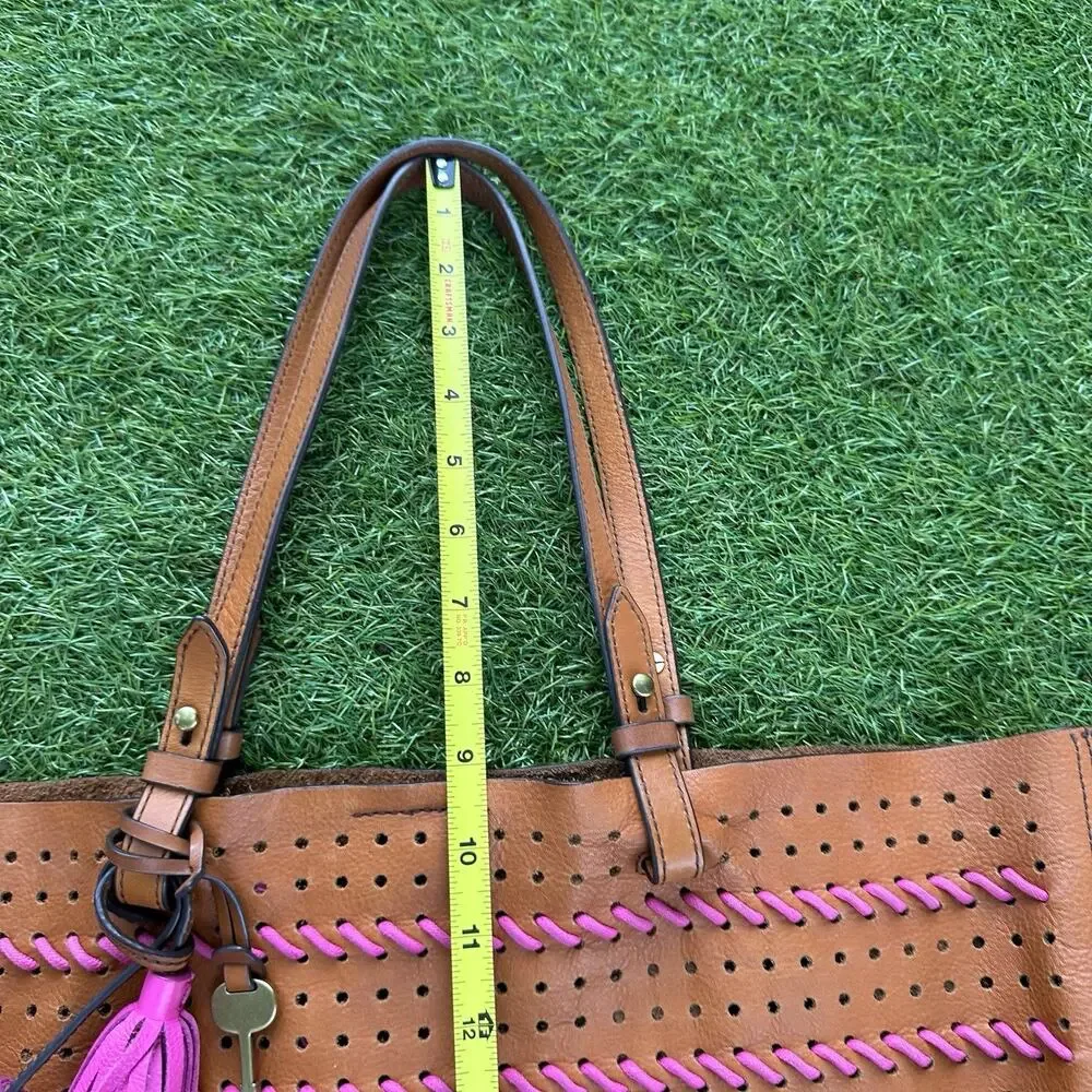 Vintage Fossil Rachel Large Tot Brown Whipstitched Leather Tassels Bag Key Pouch